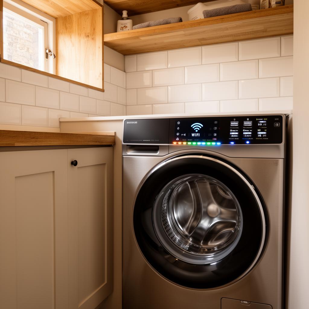 A washer-dryer in a kitchen cupboard