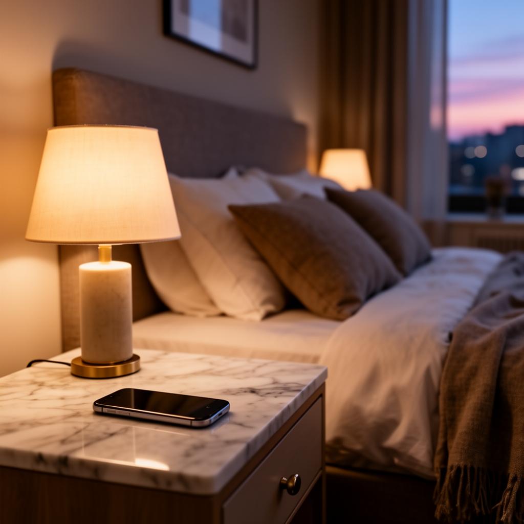 A warmly lit bedroom with a smartphone on the bedside table